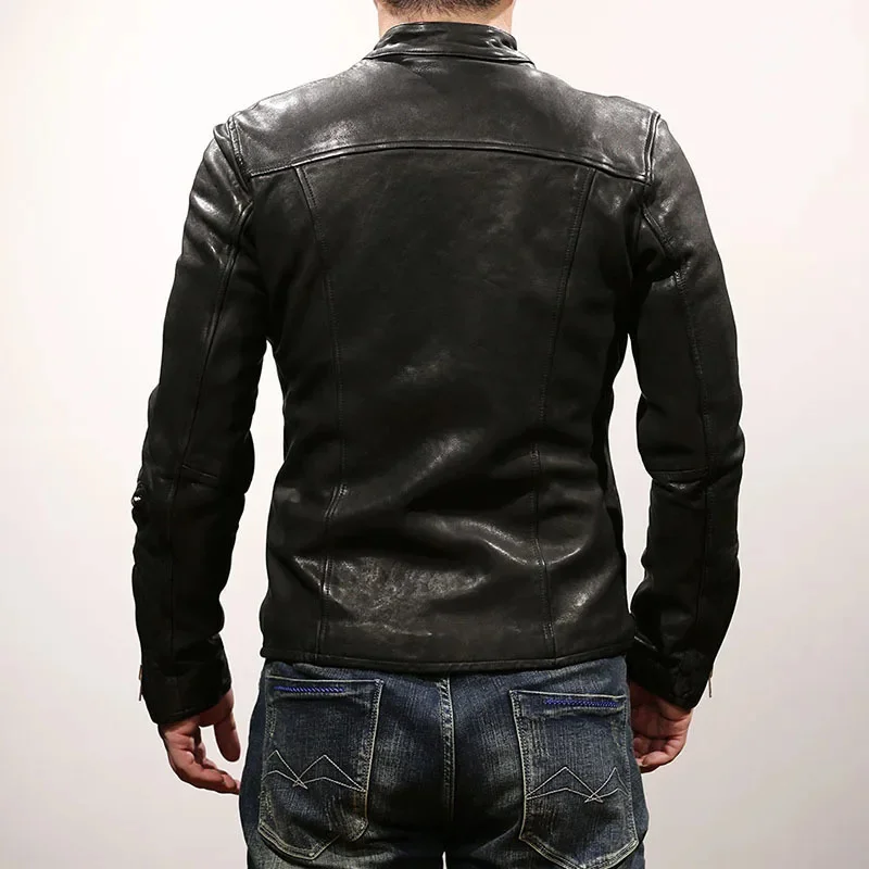 shipping.luxury Free brand.Men slim fit comfortable tanned sheepskin jacket.Popular Korea genuine leather coat.Vintage.