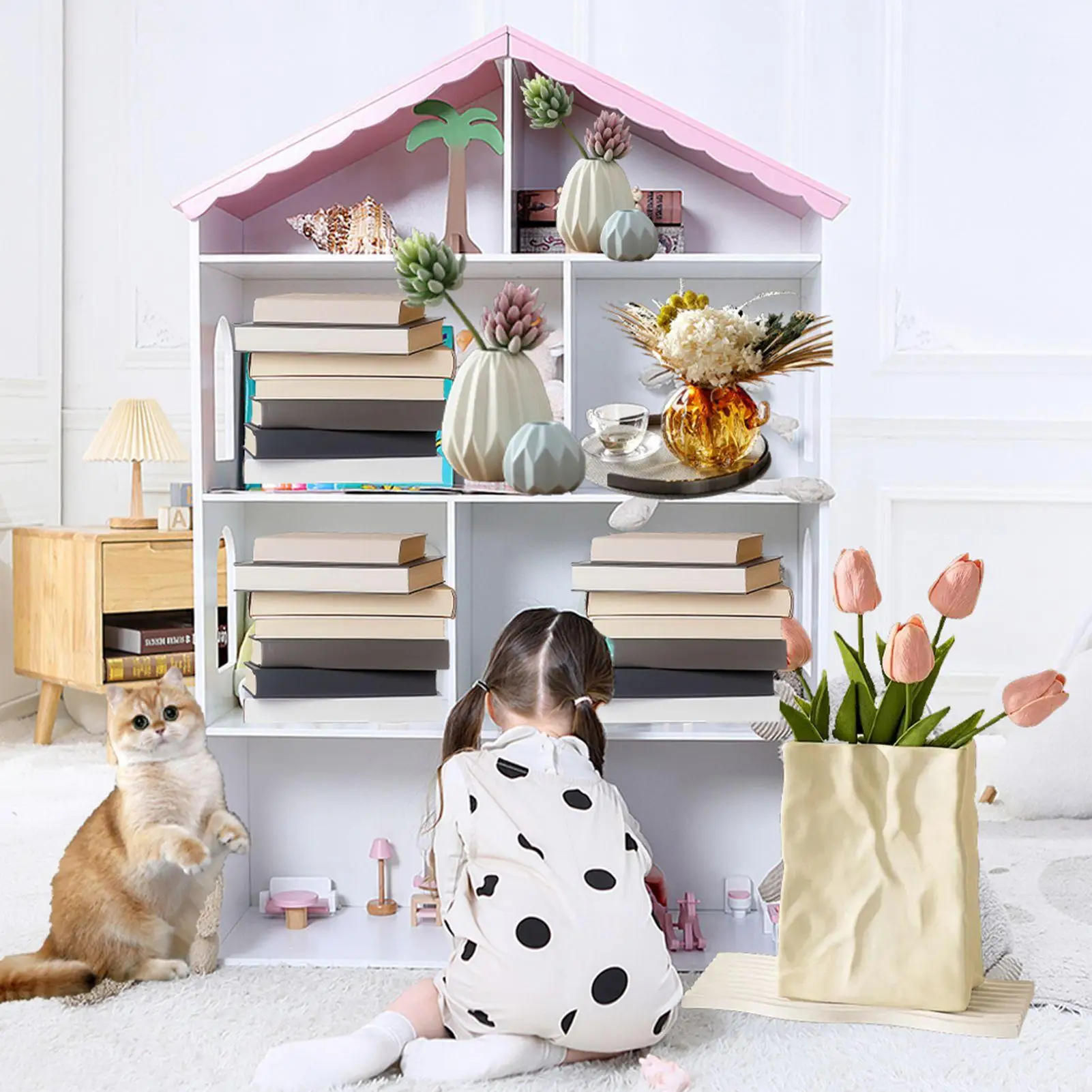 

Wooden Kids Bookcase 4 Tier Organizer Toys and Books Storage Cabinet for Bedroom Playroom