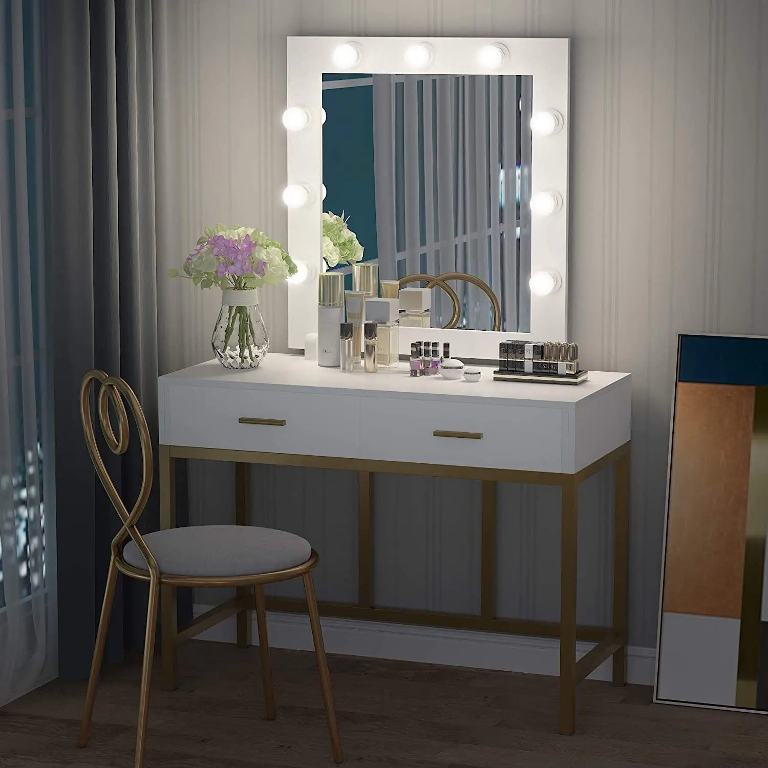 Table Set with Lighted Mirror Makeup Dressing White with 10 Warm Led Bulb