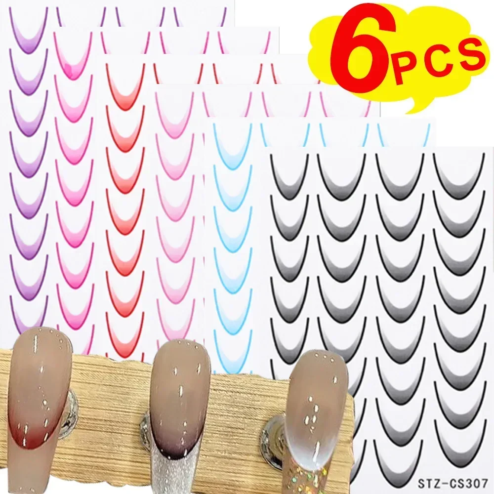 French Nail Art Stickers Set Ins Gradient Color Line Design French Nail Stickers Self-Adhesive Purple Pink Blue 3D Manicure Tool