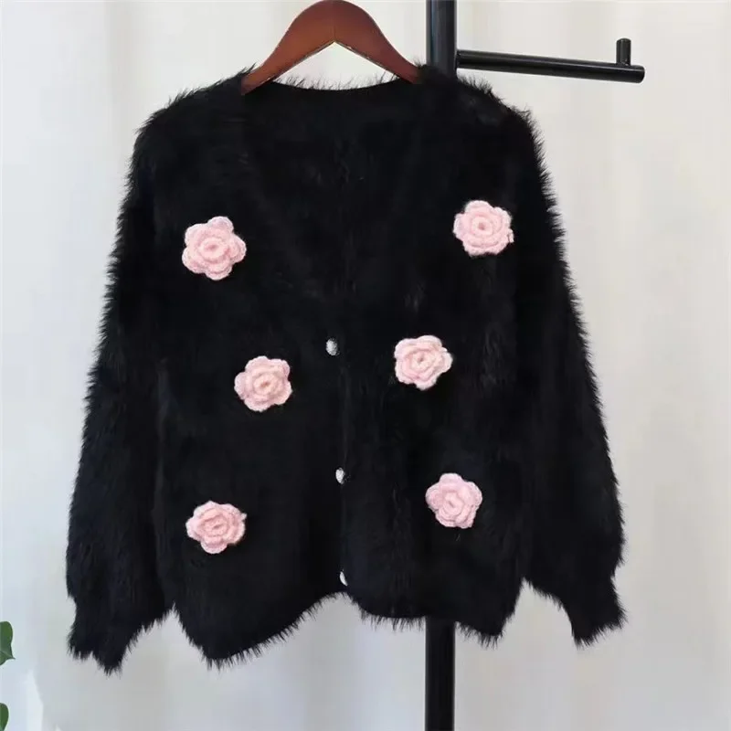 แฟชั่น 3D ดอกไม้ Jacquard ถักเสื้อสเวตเตอร์ถักผู้หญิง Soft Mink เสื้อกันหนาวเพชรปุ่มสตรี Mohair เสื้อถัก