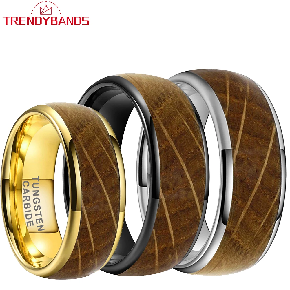 

Trendybands 8mm Tungsten Carbide Ring For Men Women Wedding Band Whisky Barrel Oak Wood Inlay Domed Comfort Fit