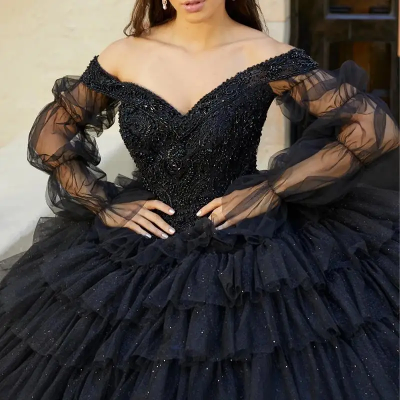 Personalizado preto princesa quinceanera vestido de baile em camadas apliques miçangas brilhante espartilho doce 16 vestido de 15 anos