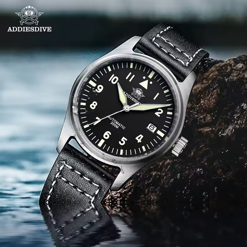 ADDIESDIVE-Relógio Sapphire Clássico Masculino, Relógio Automático, Aço Inoxidável, Relógio Piloto Luminoso, 200m de Couro, Vestido Mergulho, NH35, Novo