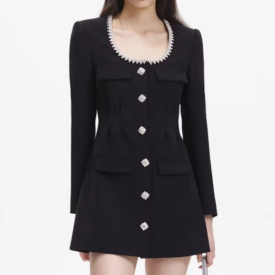 

Women Black Diamond dress Full Sleeve Round Collar Mini Pleated Dress
