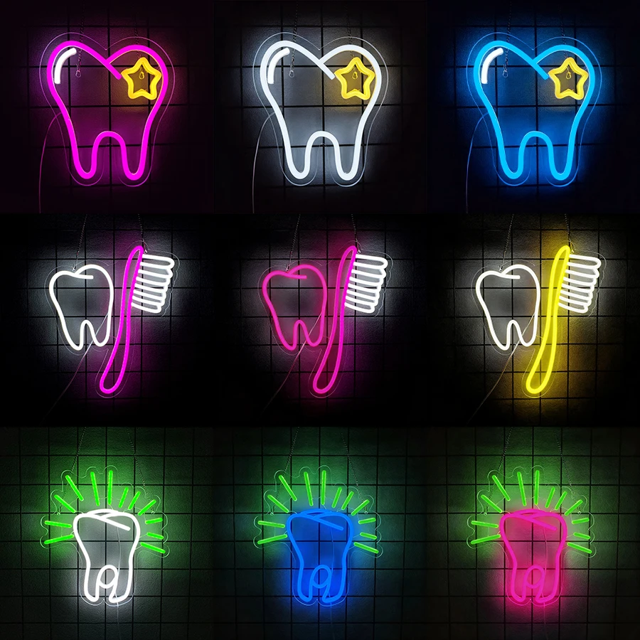 Teeth Neon Light Sign Neon Lights LED Business Sign for Dental Clinic Wall Decor Dental Open Sign USB Powered for Window Display