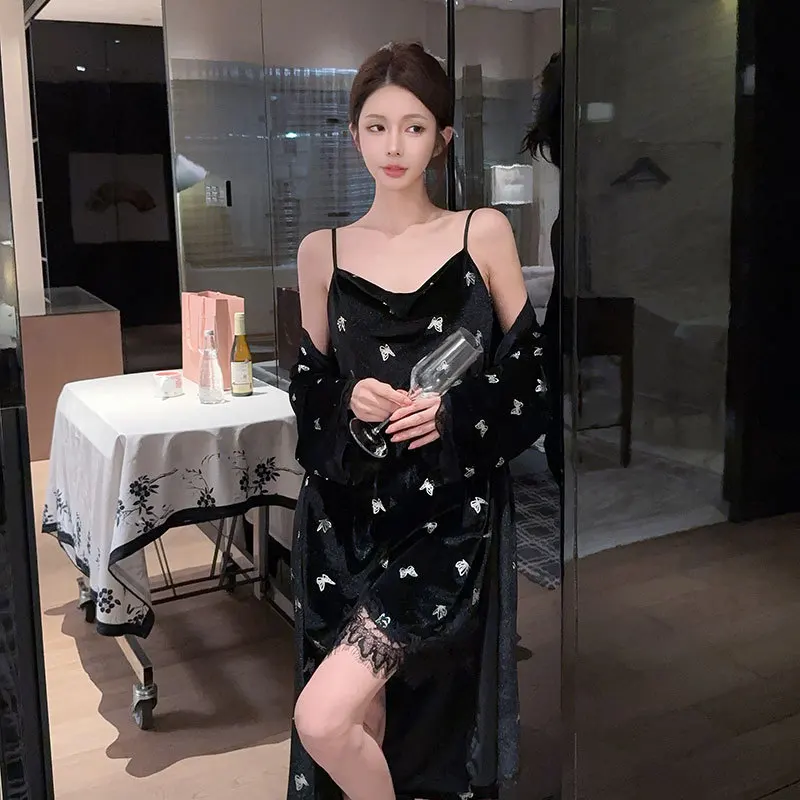 أنثى فراشة الذهب المخملية Twinset رداء مجموعة ثوب النوم الخريف الشتاء القطيفة ملابس خاصة باس النوم صالة ارتداء ملابس المنزل #5