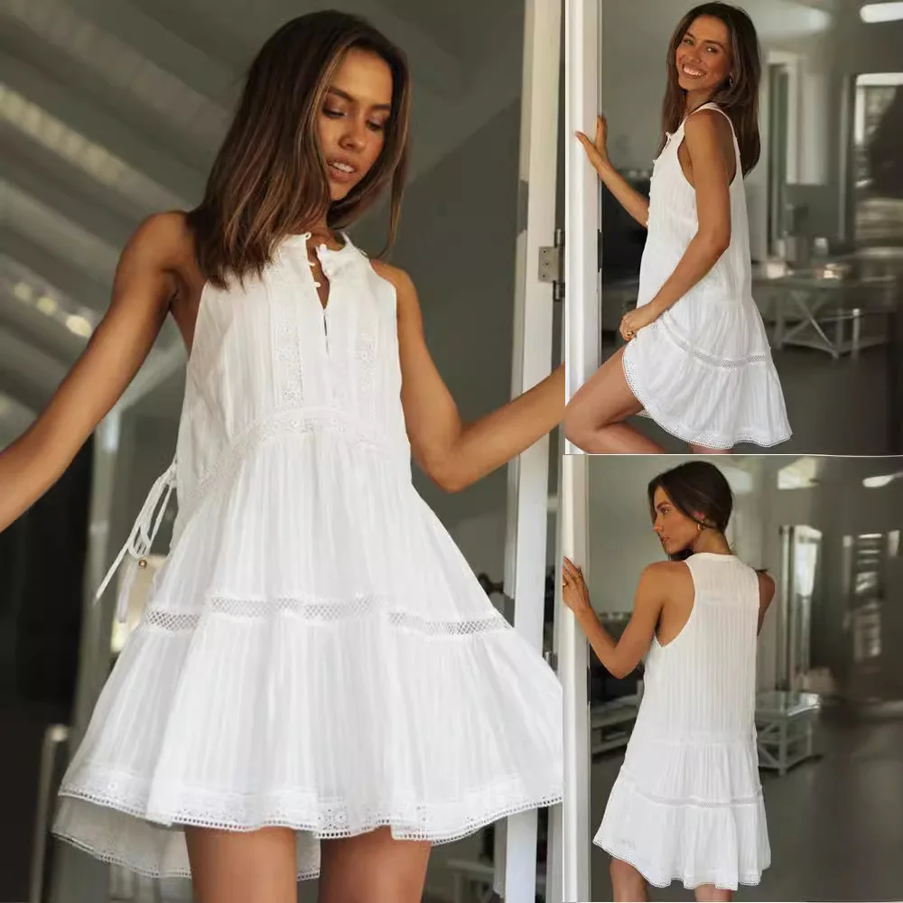 

White Beach Skirt Women's Bohemian Mini Skirt Women's Fashionable Round Neck Sleeveless Dress Women's Lace Dress Sundress