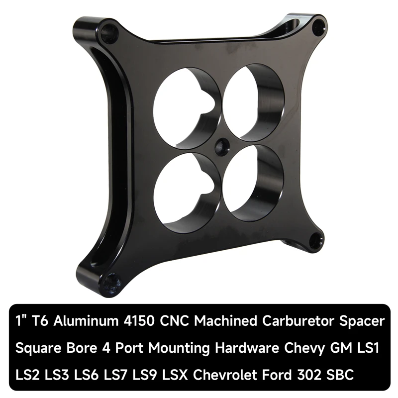 Aluminum 1 inch T6 4150 CNC Machined Carburetor Spacer Square Bore 4 Port Black