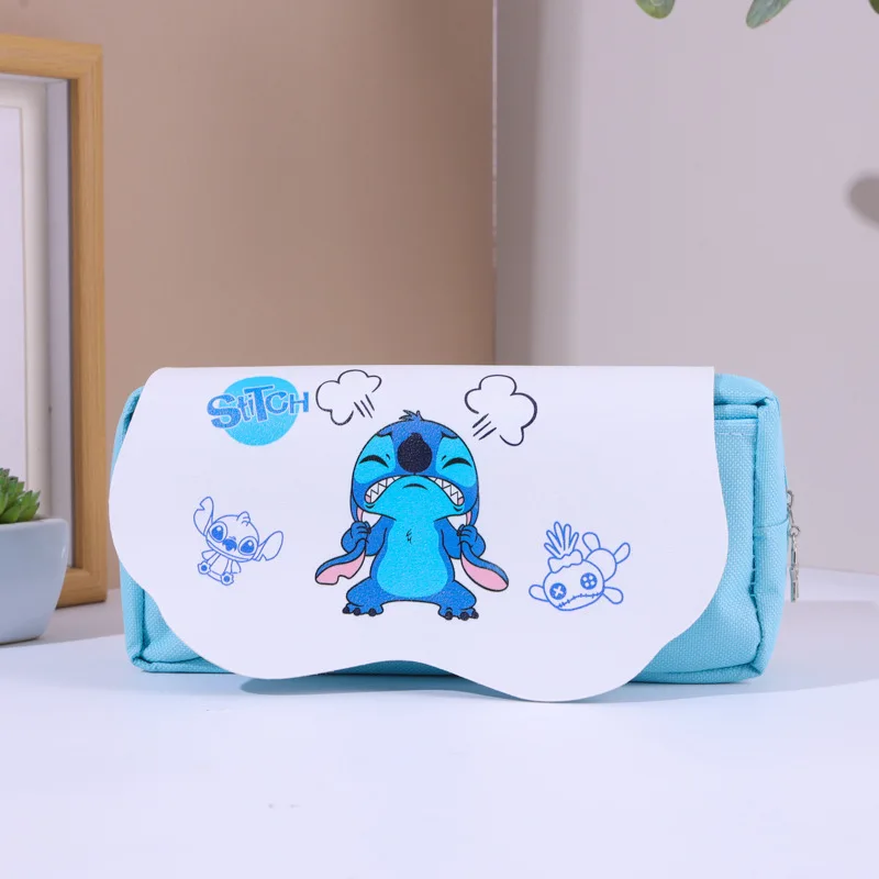 Cute Disney Stitch Canvas Pencil Case Cartoon Figures Zipper Double Layer Large Capacity Pen Bag School Stationery Student Gifts