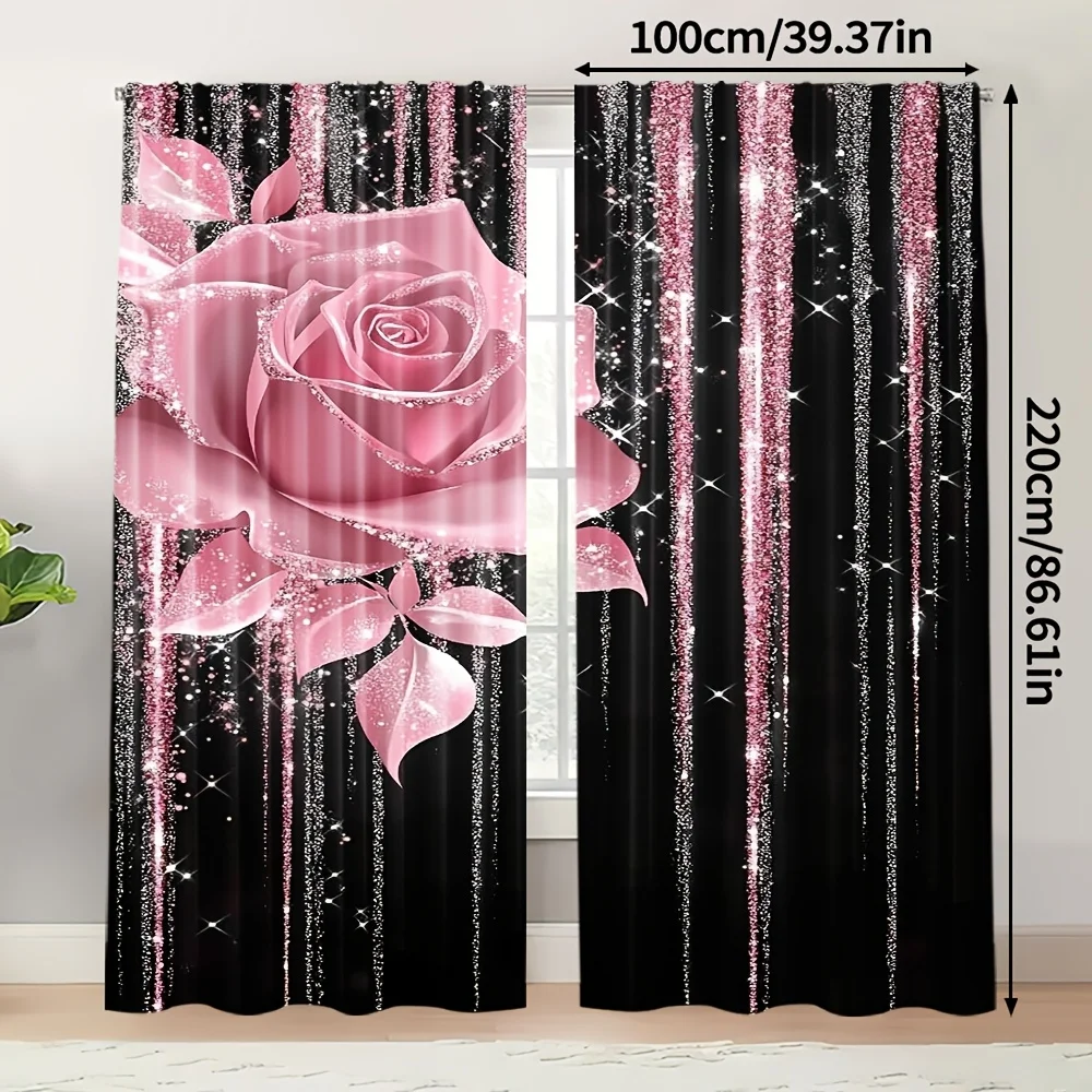 2 Panels Pink Rose Printed Curtains Black Pink Silver Glitter Sequins Stripe Floral Window Drapes for Living Room Bedroom Home