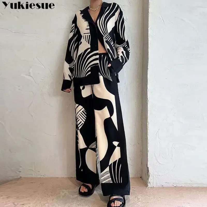 

Women Wear 2023 Autumn Y2K New Style Fashion Women Loose Casual Print Long Sleeve Lapel Blouse Tops And Pants Two Piece Set