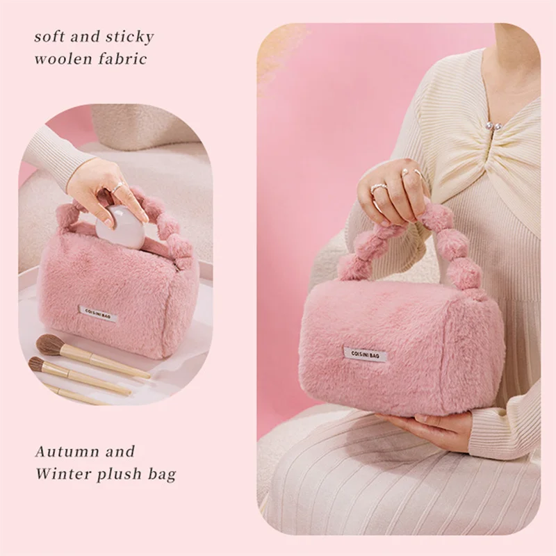 Cute Plush Cosmetic Bag Women Large Capacity Makeup Bag Toiletries Storage Organizer Lady Girls Makeup Case Travel Purse Handbag