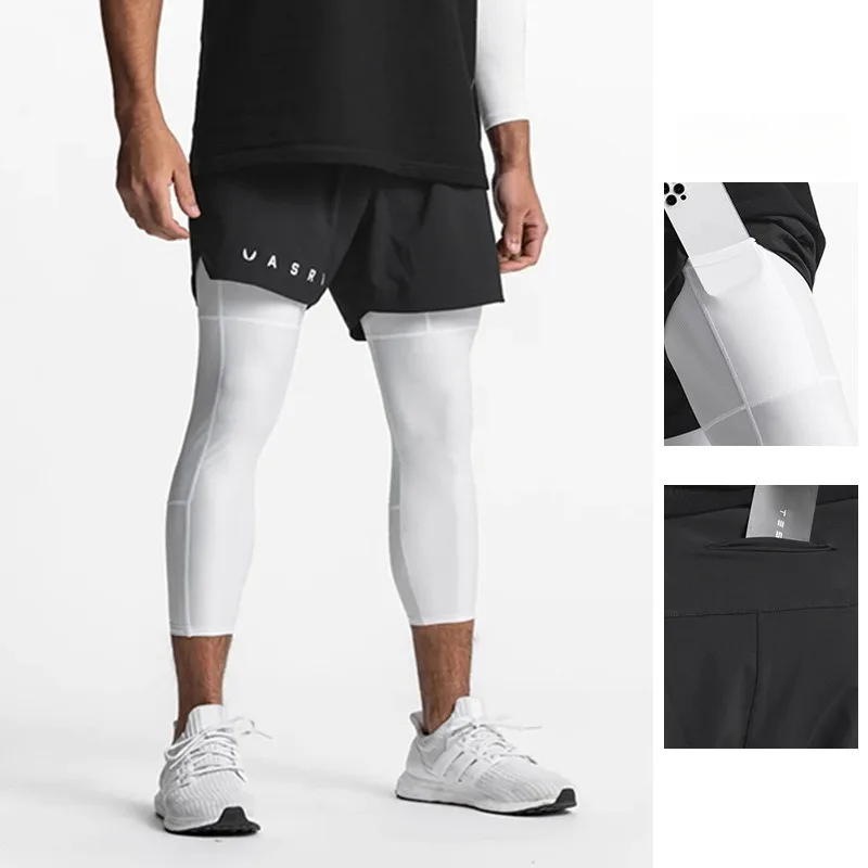 Men's 2 in 1 Double Layer Compression Tights Quick Dry Gym Running Pants Fitness Stretch Training Leggings Jogger Trousers