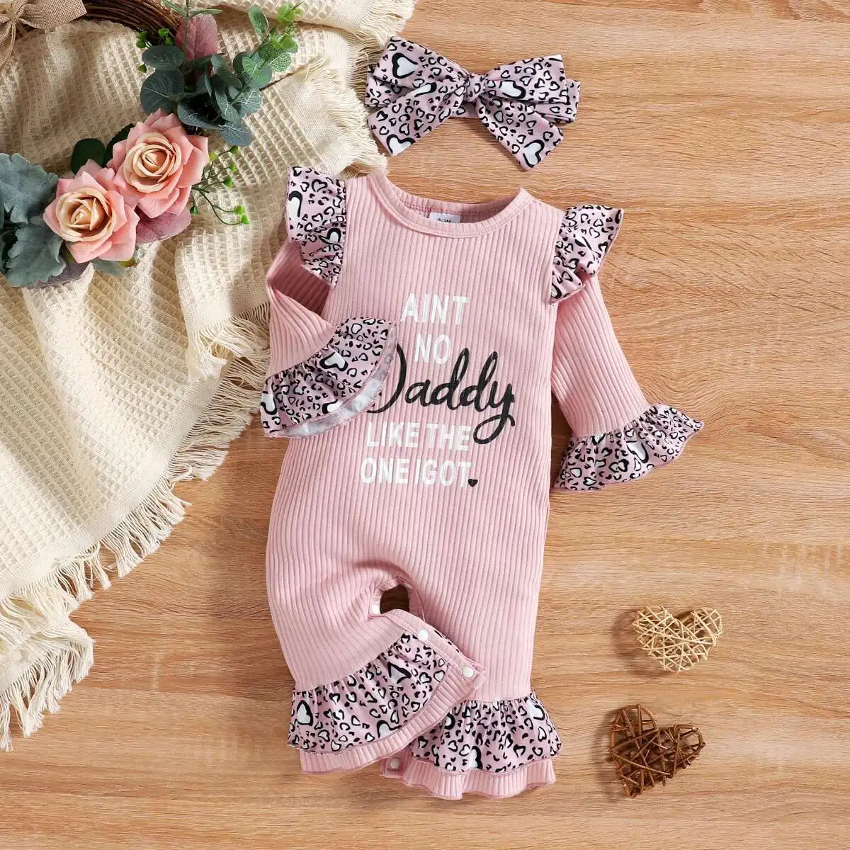 

new 0-18M 2Pcs Baby Girls Boys Romper Clothing Letter Leopard Print Flare Sleeves Jumpsuit + Headband