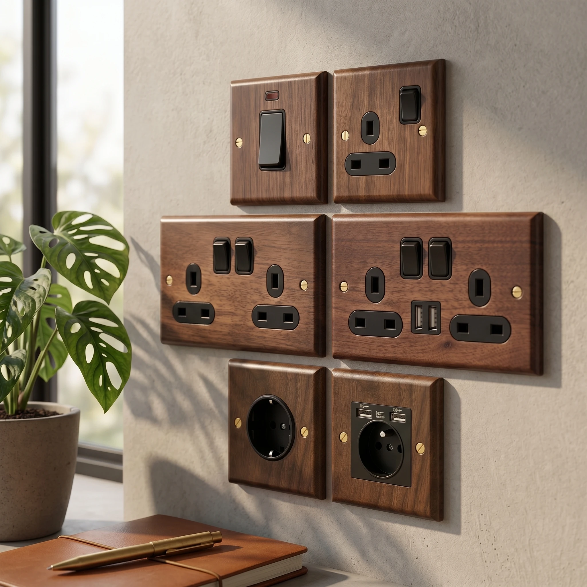 Vintage Wood Grain Socket Wood Panel Switches with Black Walnut Wood and Brass Lever, Retro 86 Style EU Bidirectional Switch