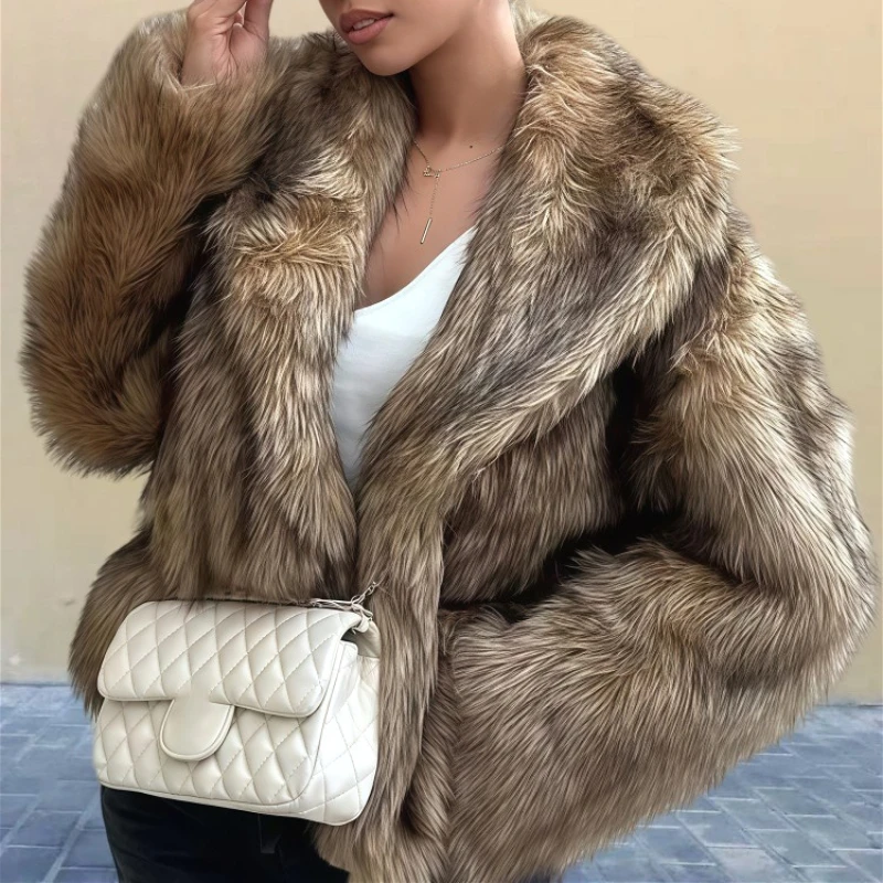 

Пальто из искусственного лисьего меха, женские куртки в стиле панк, уличная одежда Y2k, куртка с отложным воротником и открытой строчкой, верхняя одежда, толстая теплая куртка 2024, осень-зима