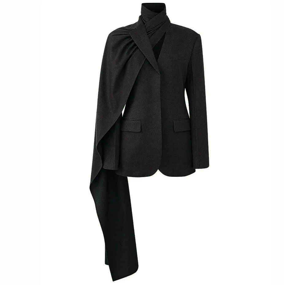 JHJN Vibes Neck Collar Irregular Hole Piercing Draping High Street Casual Jacket Women's Suit Jacket