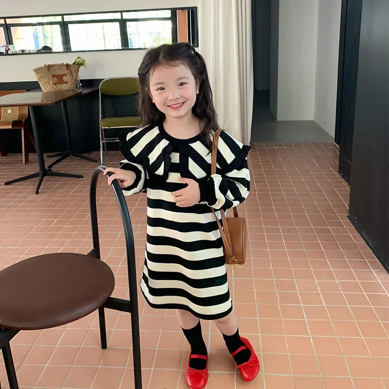 2026 Girls Casual Dresses Striped Print Lapel Long-sleeved Dress Kids Clothes For Girls 3 To 7 Years Princess Dress For Girls