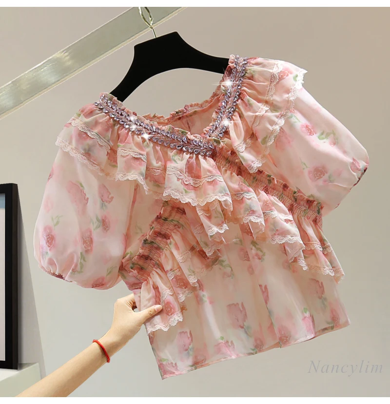 

Heavy Industry Diamond Ruffle V-neck Shirt Summer High Waist Short Lace Bead Floral Pullover Blouse for Women Sweet Top