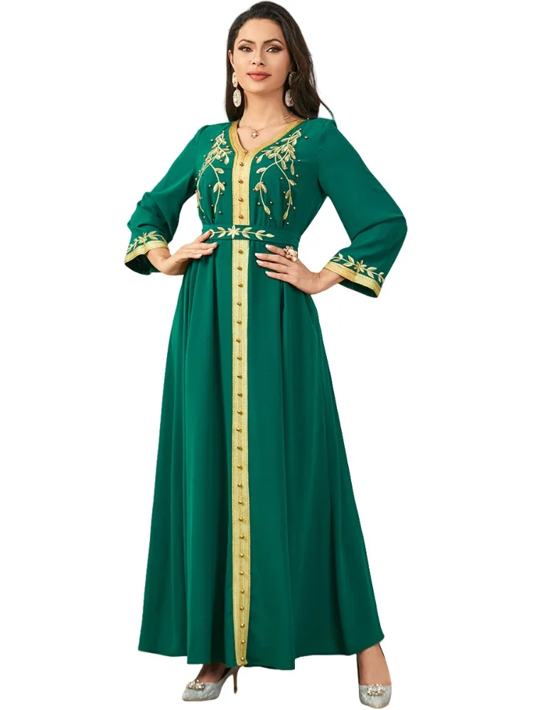 Eid Muslim Women Embroidery Dress Jalabiya Ramadan Morocco Dubai Abaya Kaftan Islam Party Vestidos Arab Lace Up Long Robe 2024