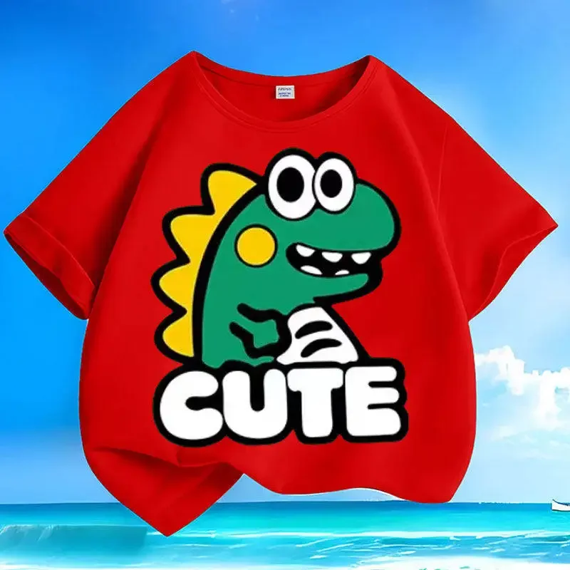 Children's Cotton Summer T-shirt Cartoon Dinosaur Print round Neck Short Sleeve Parent-Child Trendy Loose Top for Kids