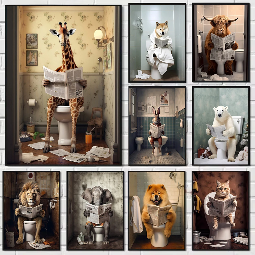 Bathroom Decor Colorful Animals Giraffe Bear Lion Reading Newspaper on Toilet Canvas Poster Fun Wall Art Print Painting Mural