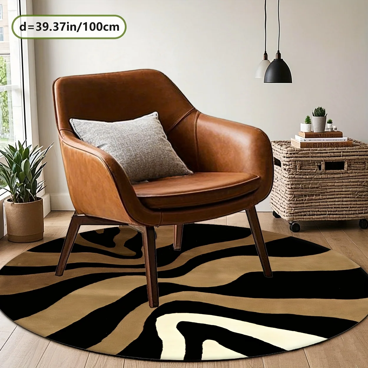 Western Style Brown Striped Round Area Rug - 2D Printed Non-Slip Floor Mat for Living Room Bedroom & Corridor, 1PC