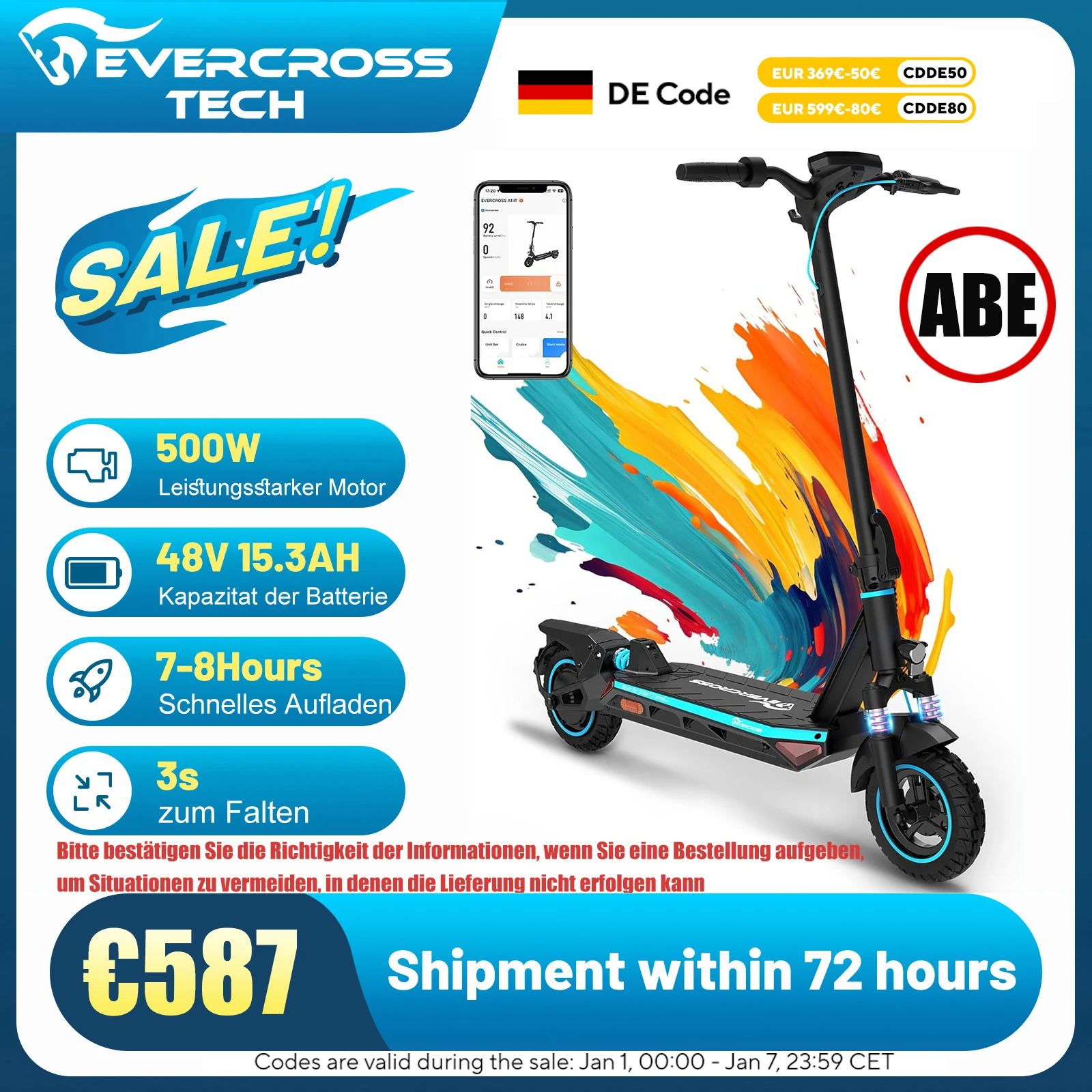 EVERCROSS TECH A1 Elektroroller Faltbar pot App LED Display, 500W Motor, 15,3Ah battery, Reichweite bis zu 55 km