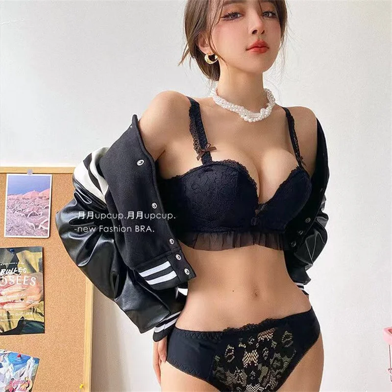 Lace Sexy Lingerie Set Luxury Underwear Women Panties Black Mesh Front Closure Bras Wireless Mujer Bralette Lenceria Para Damas