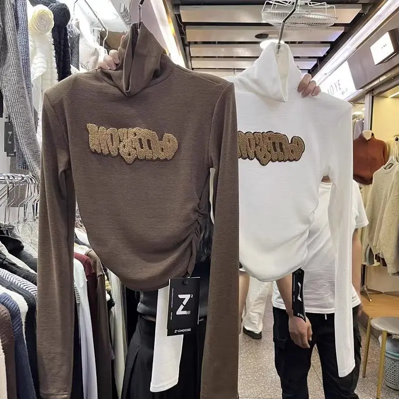 Simple High-neck Letter Embroidered Long-sleeved T-shirt for Women in Autumn Winter German Velvet Inner Bottoming Versatile Top
