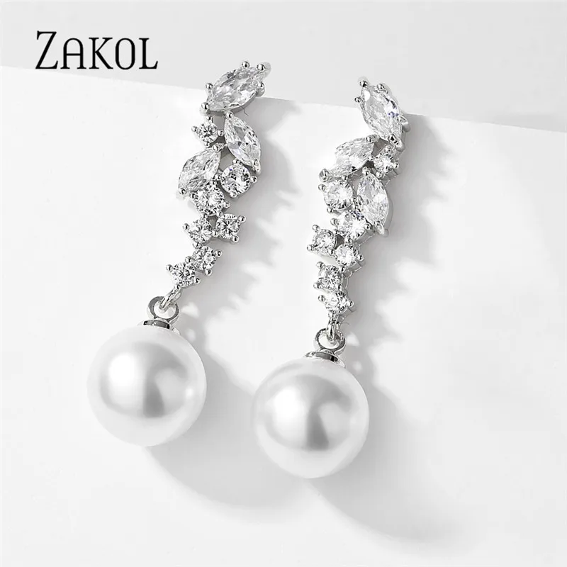 ZAKOL Korean Fashion Cubic Zirconia Pearl Dangle Earrings for Women Luxury Engagement Wedding Party Jewelry Gifts EP5125
