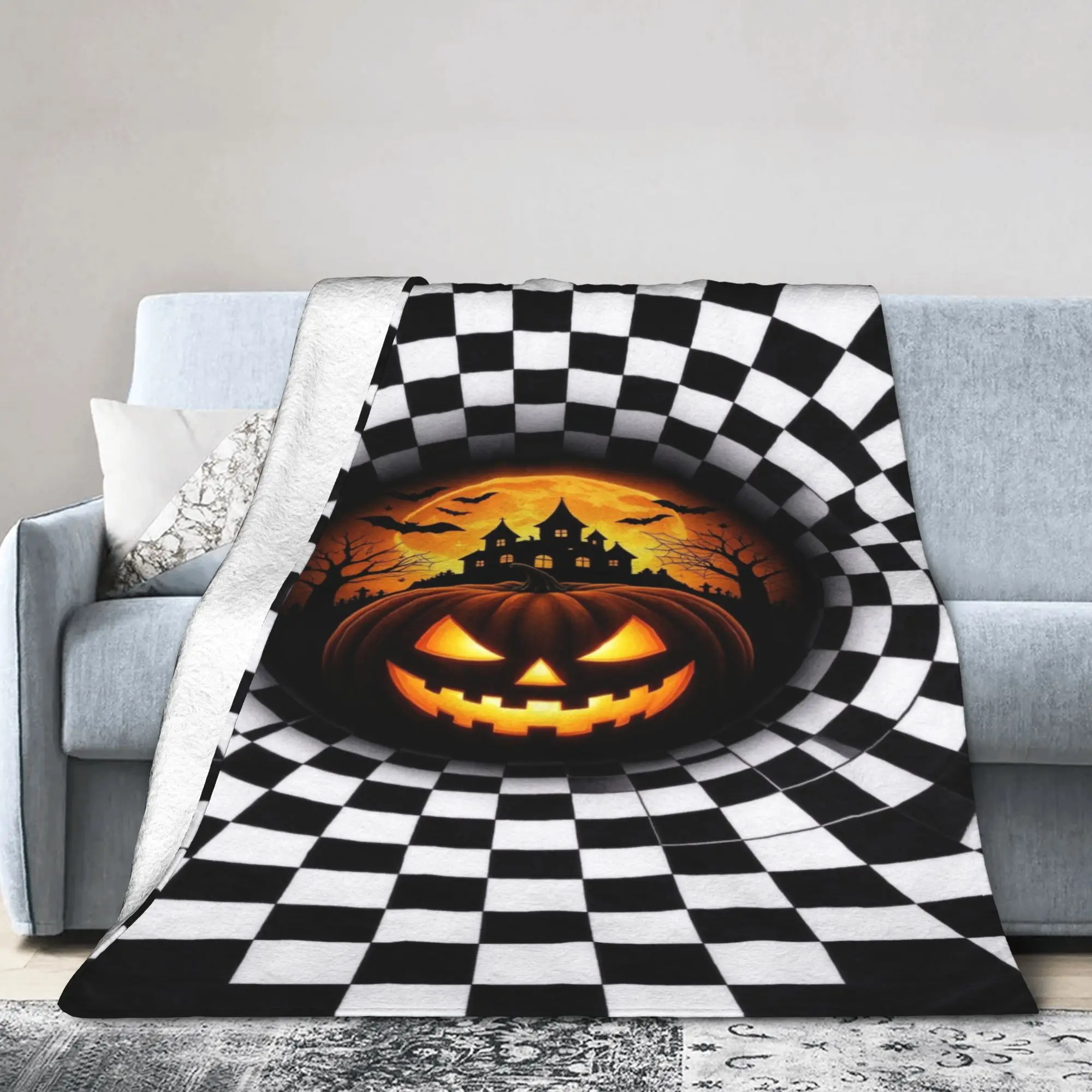 3D Illusion Halloween Flannel Blanket Spooky Pumpkin Funny Throw Blanket for Bed Sofa Couch 125*100cm Bedspread