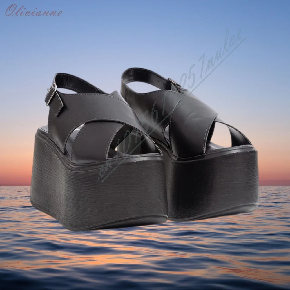 Y2K Ladies Open Toe Platform Wedge Sandals Black Matte Faux Leather Multiple Straps Hook Loop Ankle Strap Thick Soled Sexy Shoes