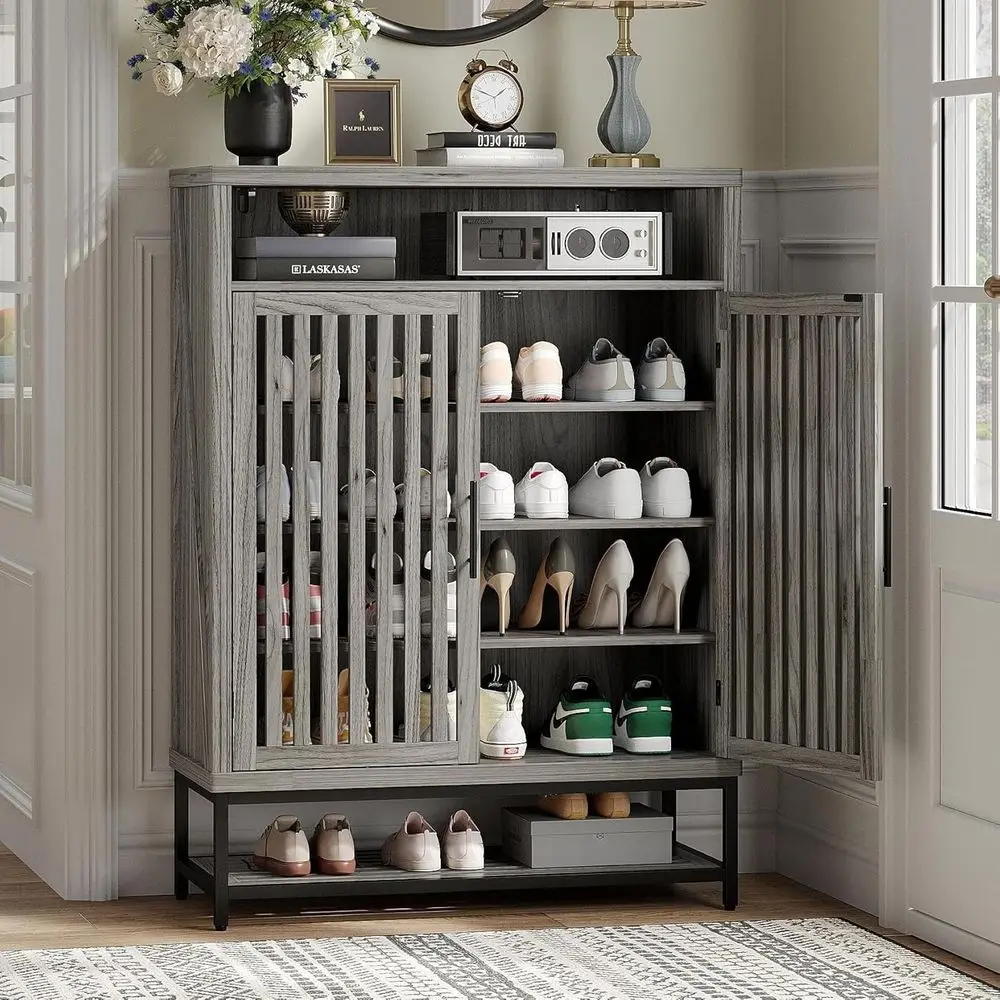 

6-Tier Ventilated Shoe Cabinet with Adjustable Shelves, Grey, Metal Handles and Legs for Entryway Storage