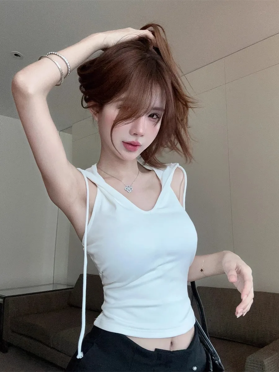 Slimming Summer American Cool Hot Girl Hooded Back Hollow out with Chest Pad Fixed Cup Conceals Side Breast Slimming Small Strap