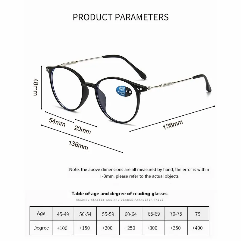 MYT_0522 Round Anti Blue Light Reading Glasses Presbyopic Eyeglasses Computer Prescription Eyewear With Degree +1.0~+4.0