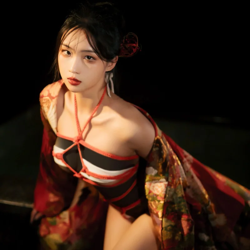 

New 2025 Red Womens Anime Psychic Cosplay Costumes Tie Japanese Kimono Witch Uniform Sexy Bikini Lingerie Set Hall ★ ★ ★ jj.