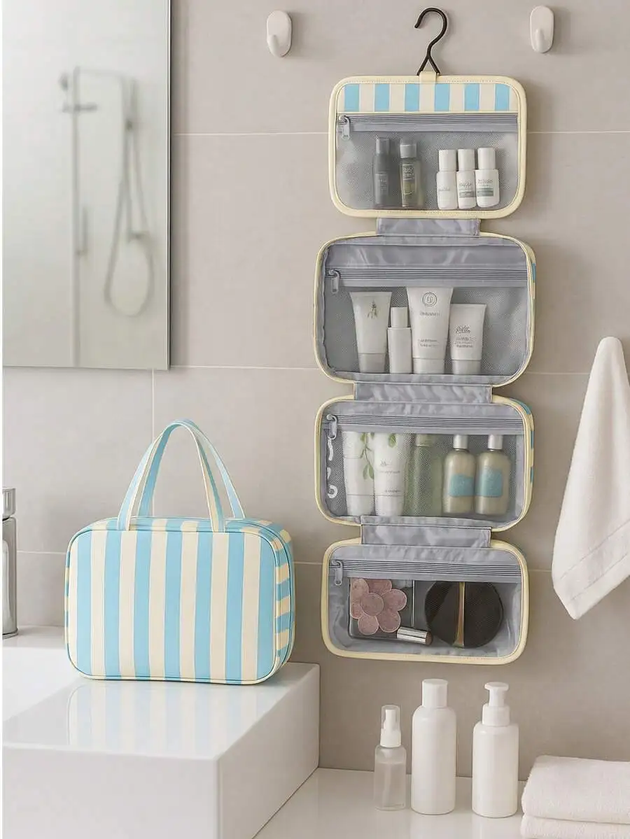 Multi-Functional Four-Fold Toiletry Bag With Hook, Portable Travel Makeup Organizer Pouch, Travel Essentials, Ideal For Business