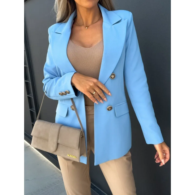 2023 New Autumn Fashion Solid Color Suit Collar Double Breasted Small Suit Temperament Commuter Women\'s Pocket Casual Coat