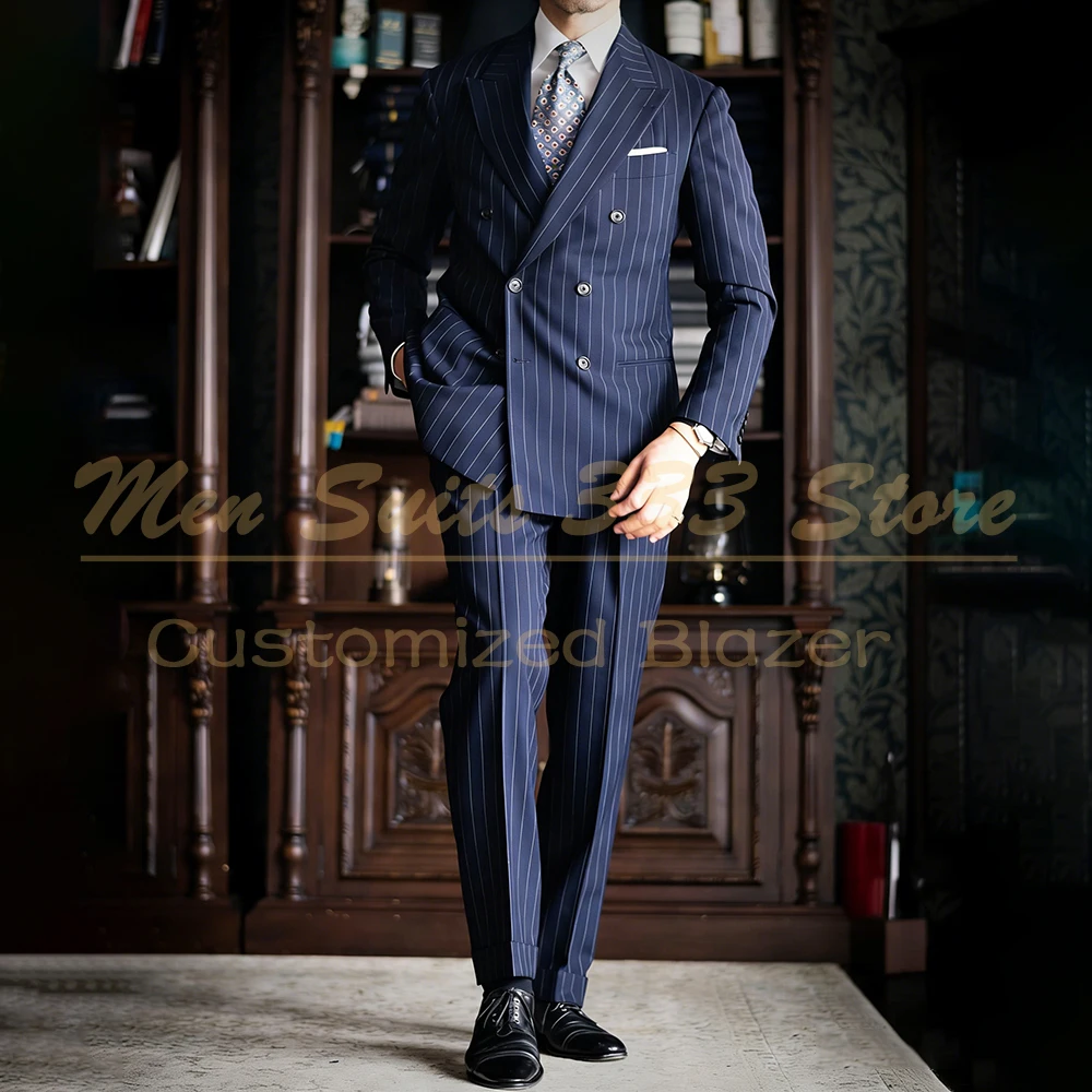 

High Quality Stripe Men's Suits Blazer Elegant Stripe Regular Fit Business 2 Piece Jacket Pants Sets Tailor Made Clothing