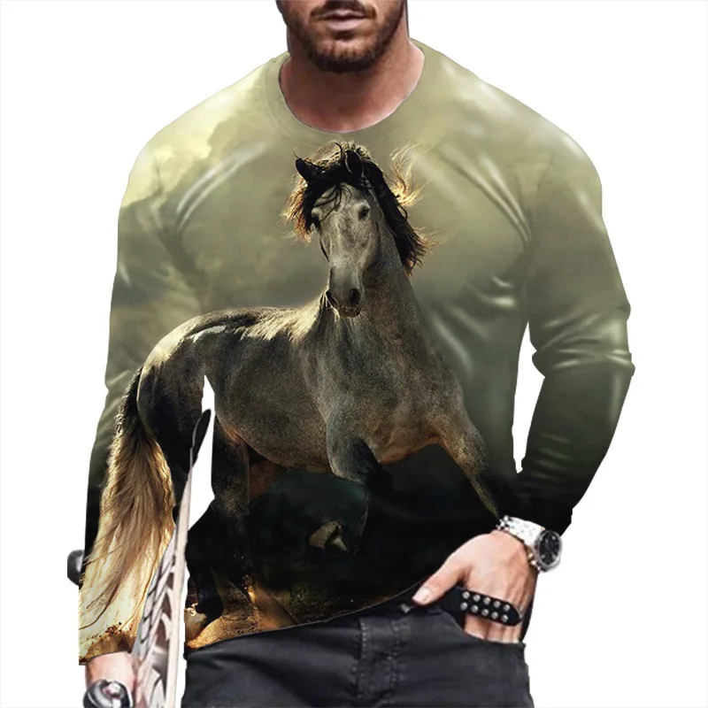 Gallant Horse 3D Animal Print Autumn Men's Round Neck T-shirt Long Sleeve T-Shirt Oversized Pullover Casual Trend Men Clothing