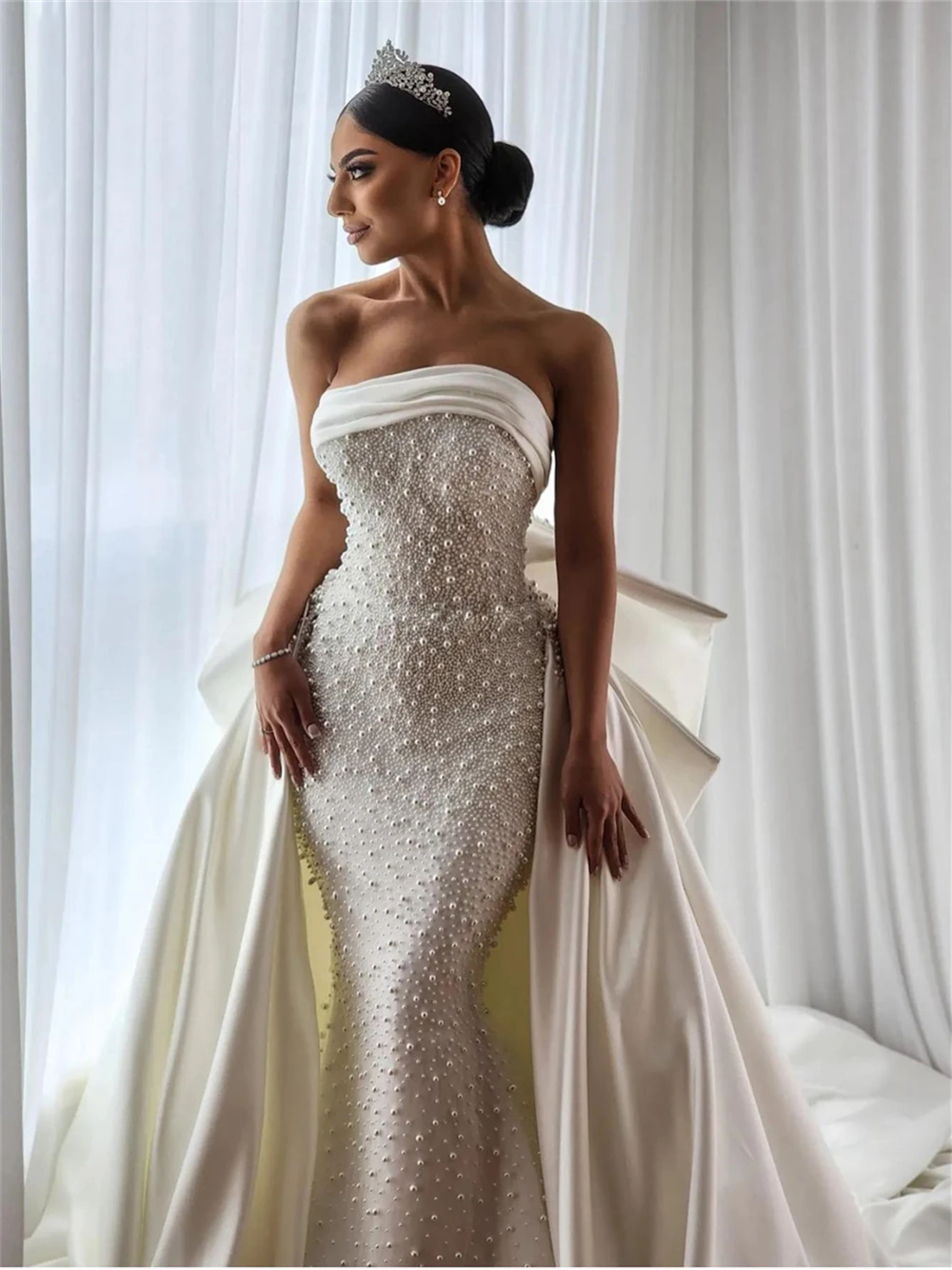 Vestido De novia De sirena con perlas modernas, detalles De pajarita, vestidos De novia sin tirantes, vestido De novia De satén sin espalda para mujer, bata De novia