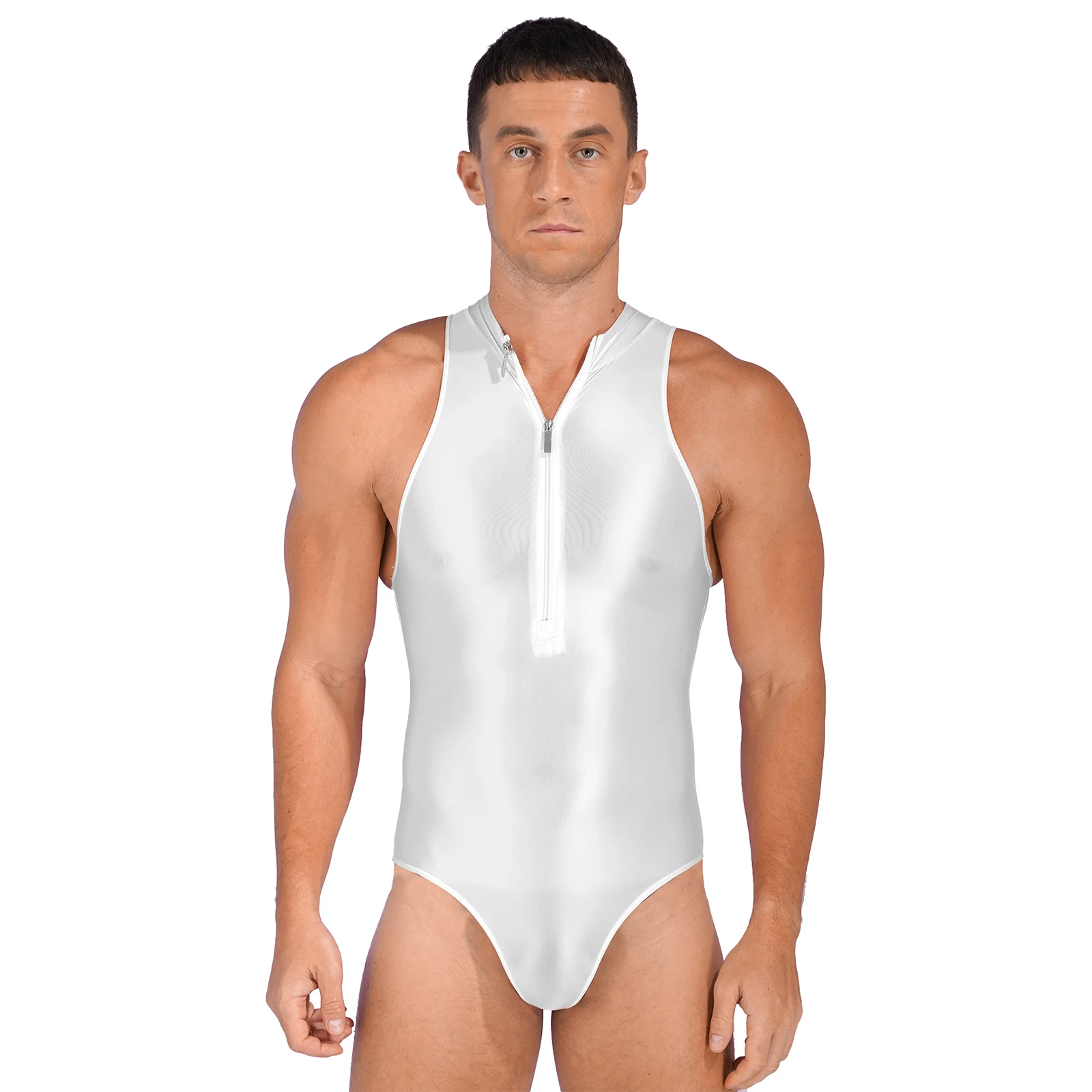 Mens Swimsuit Swimwear Solid Color Double Zipper Front Leotard Bodysuit for Swimming One Piece Glossy Sleeveless Bodysuit