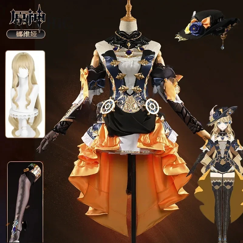 

ABC123Navia Genshin Impact Cosplay Costume Wig Dress Uniform Fontaine Spina Di Rosula Hat Clorinde Halloween Party Clothx,3;b'2.