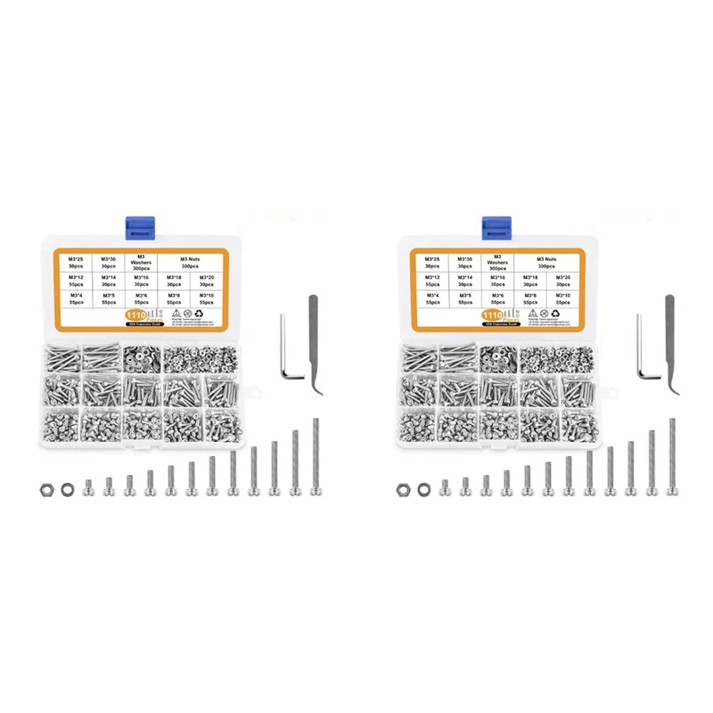 

ABXF-M3 Stainless Steel Screws Nuts Washers Assortment Kit With Hex Wrenches, 2200 Pcs Hex Socket Button Head Cap Screws
