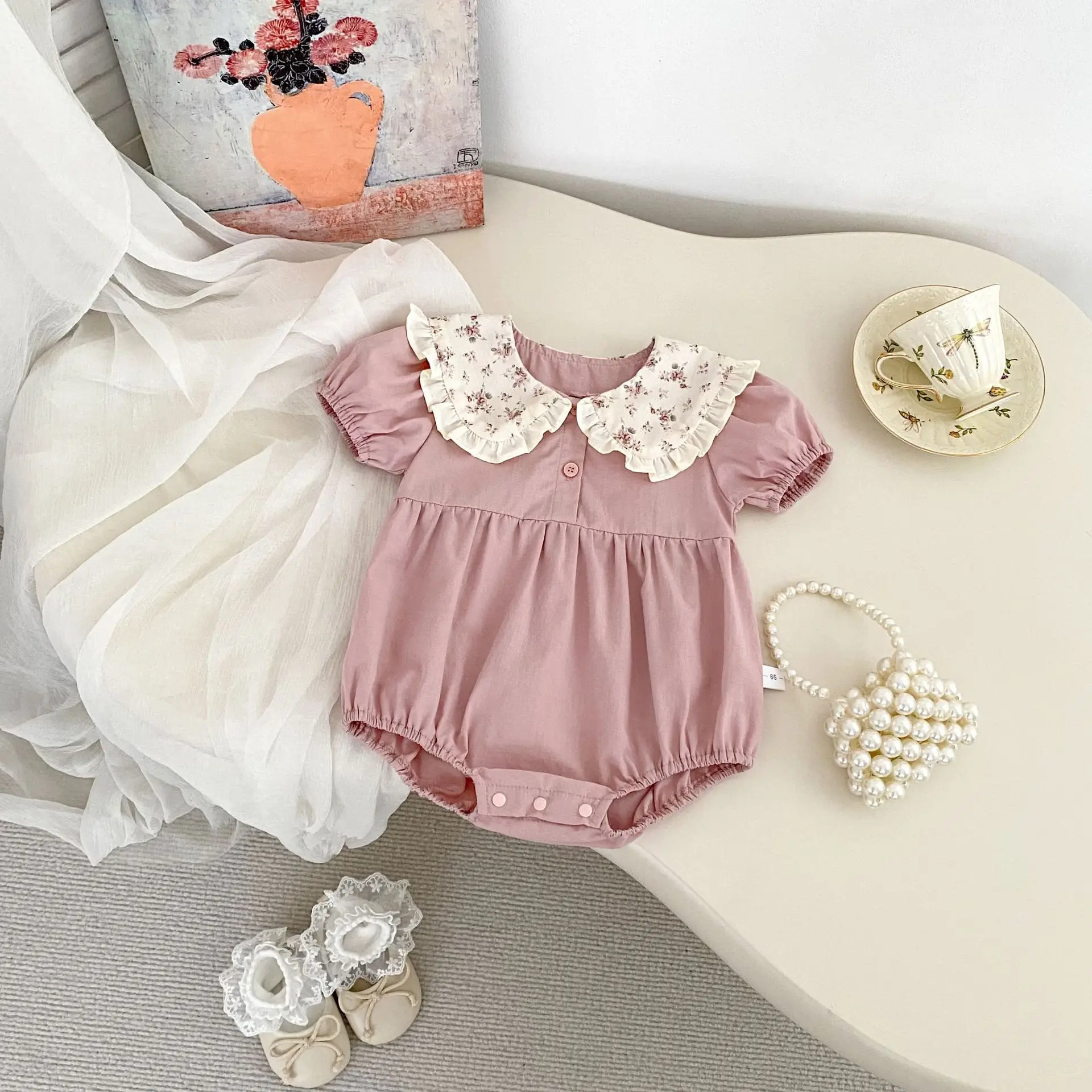 

2025 Summer New Baby Girl Floral Collar Cotton Bodysuit Newborn Toddler Cute Princess Jumpsuit For Girl Infant Clothes 0-24M