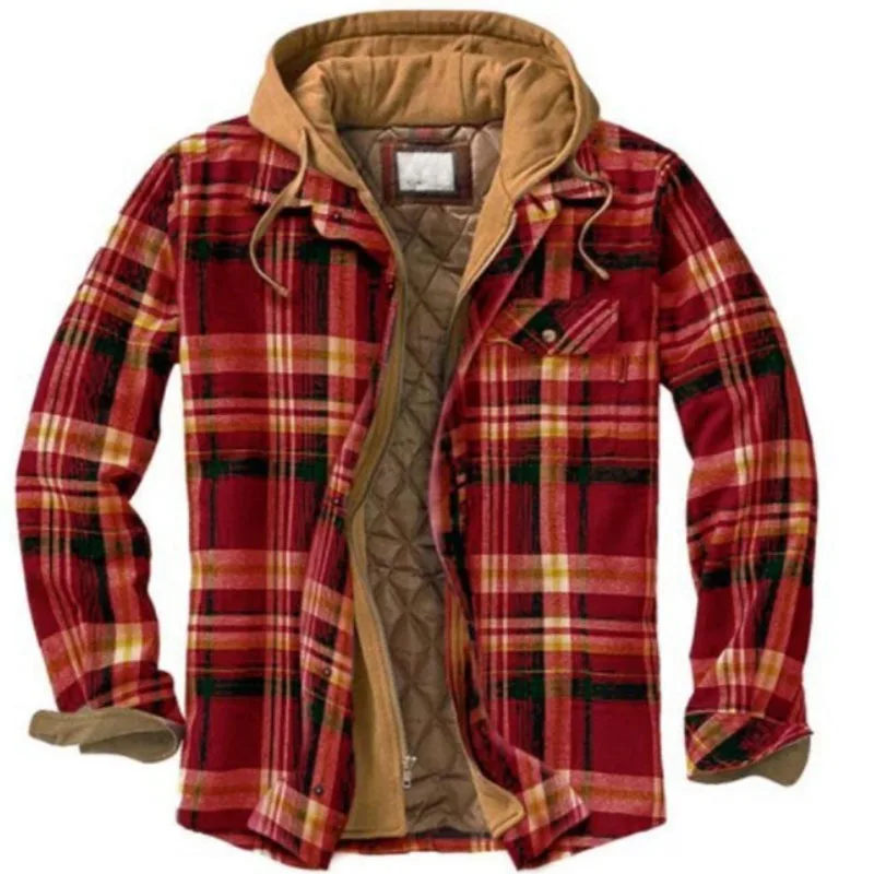 

Autumn Winter Men's Thickened Plaid Shirt Coat Fashion Loose Fitting Casual Long Sleeve Hooded Cotton Jacket