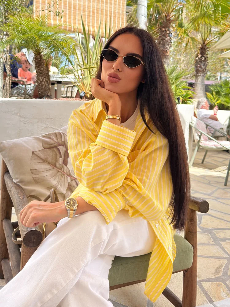 HH الإناث الصيف قمصان غير رسمية الأصفر بدوره إلى أسفل طوق كم طويل جيب تزيين واحدة الصدر المرأة بلوزات الموضة