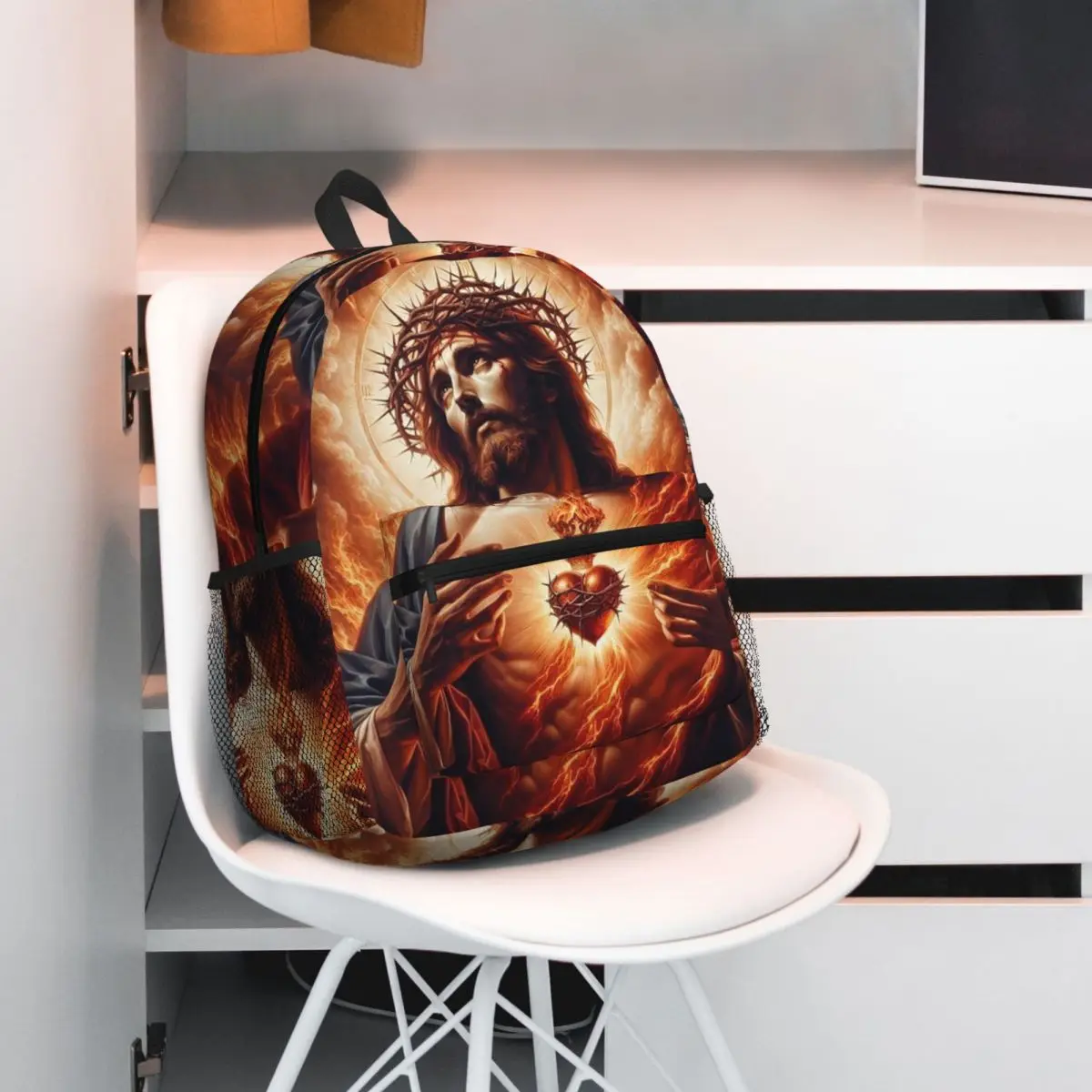 Jesus Christ Angelic Heart Religious Design With Roses & Gold Accents Large Capacity Children BookBag School Bag Shoulder Bags